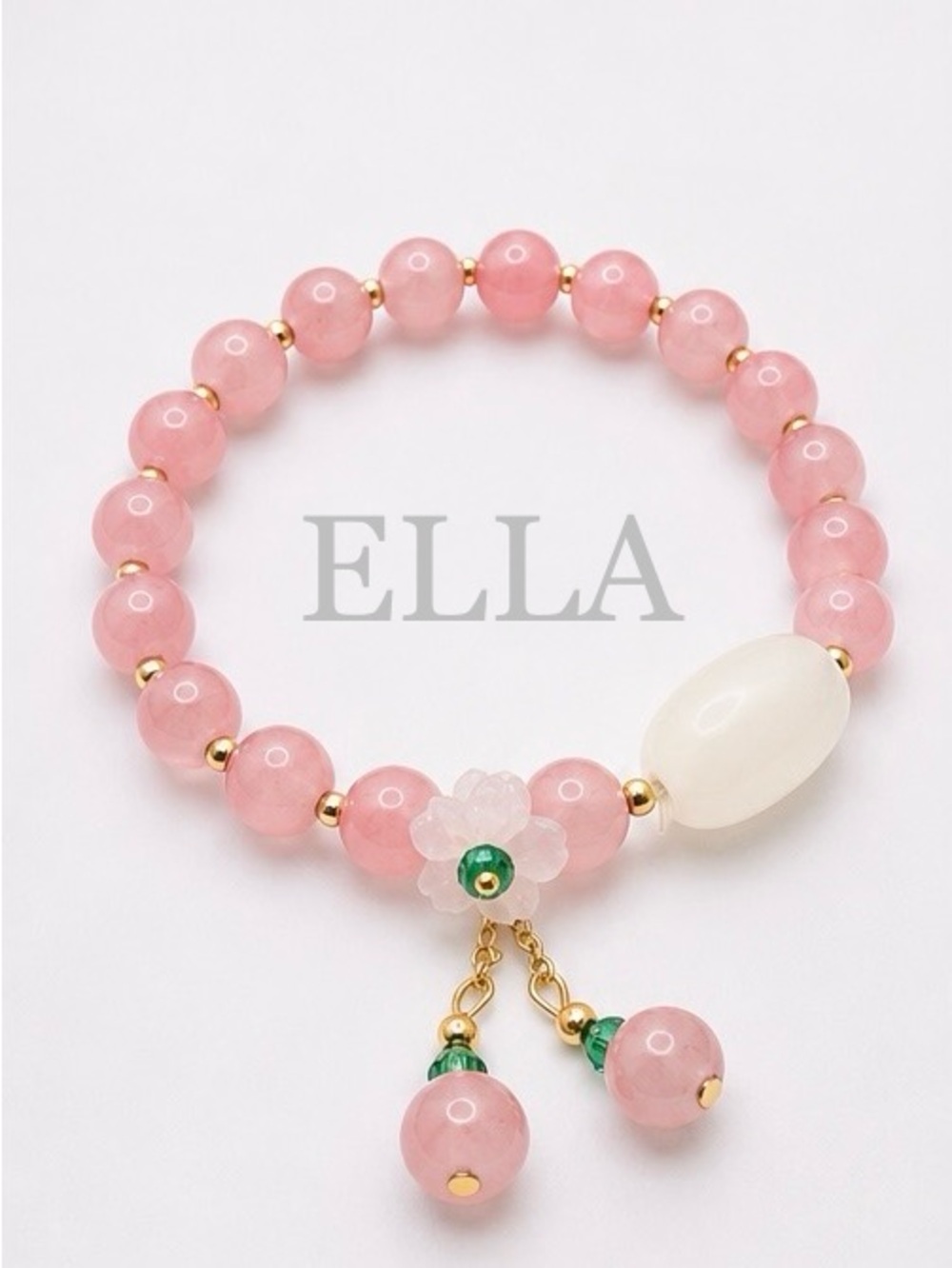 Pink Quartz Style Glass Beaded Bracelet with Floral Charm | Gold Accent Stack